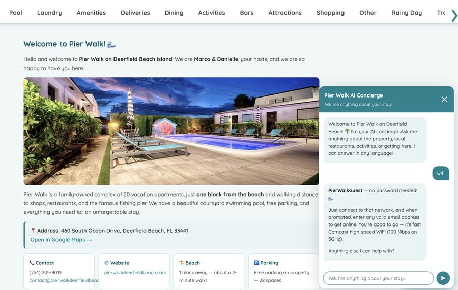 Full guidebook page with nav menu, hero photo, and the AI concierge open answering a WiFi question